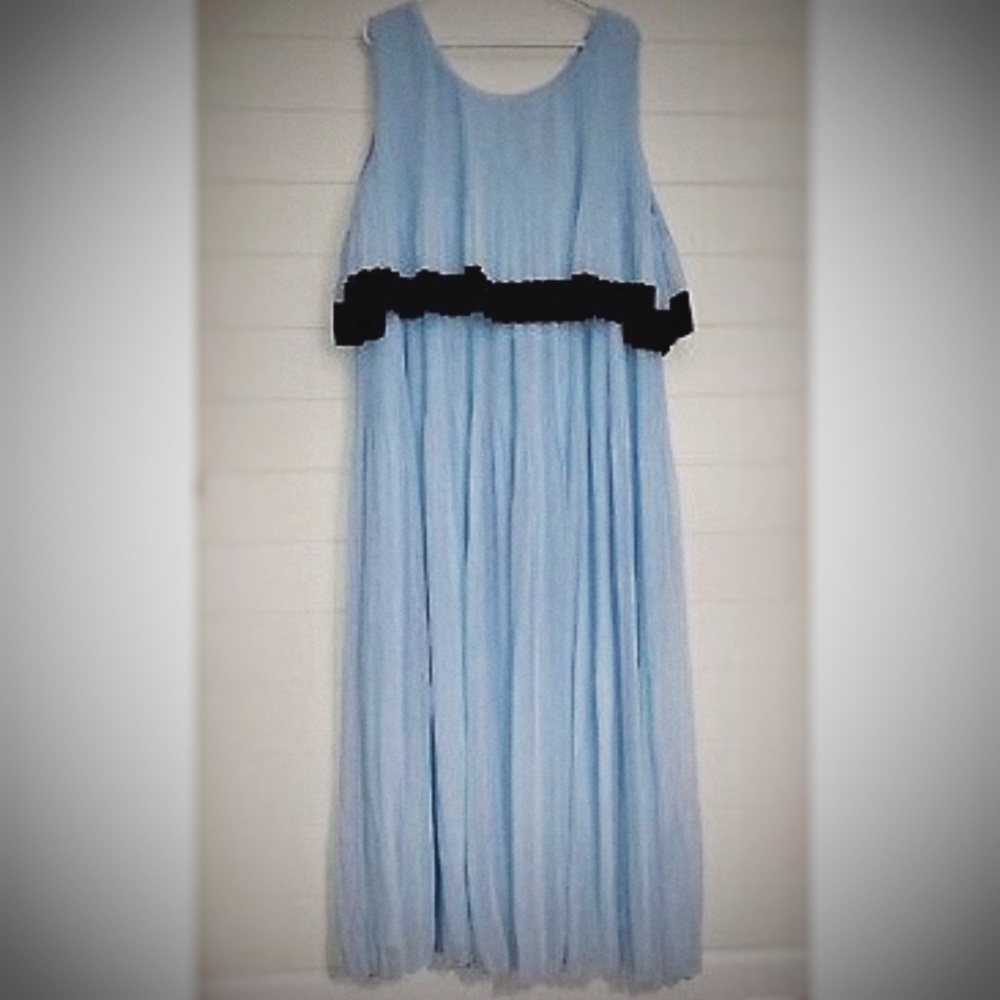 Lane Bryant Size 26/28 Baby Blue / Black Pleated Chiffon Tiered Overlay Dress
